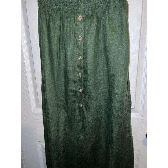 FAITHFULL THE BRAND Green Linen Smocked Sleeveless Midi Dress Button Down Sz 10 - Picture 5 of 16